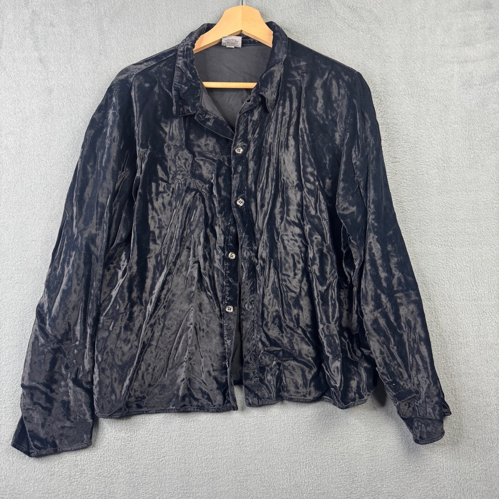CP Shades Womens Medium Black Crinkle Velvet Button Down Shirt Rayon Long Sleeve